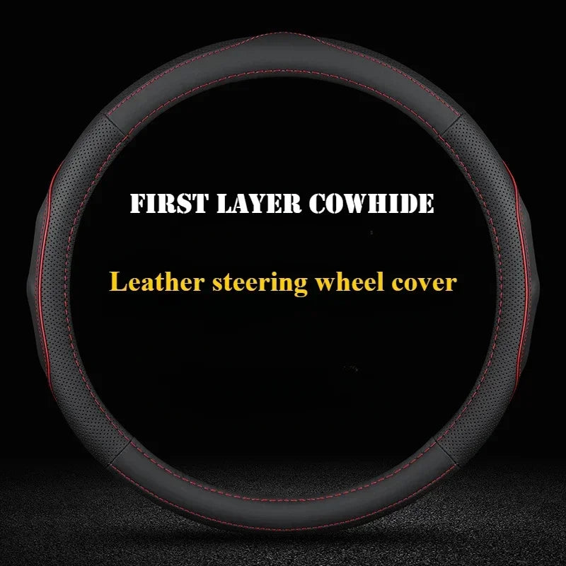 Top Layer Leather Steering Wheel Cover – Universal 37–38 cm Car Accessories, Luxurious Cowhide, Non-Slip Rubber Inner Ring - Delicate Leather  