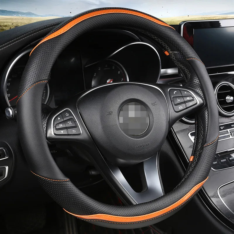 Four-Season Carbon Fiber Splicing Car Steering Wheel Cover – Universal Fit for 36–38/40 cm Wheels, Anti-Slip & Durable - Delicate Leather  
