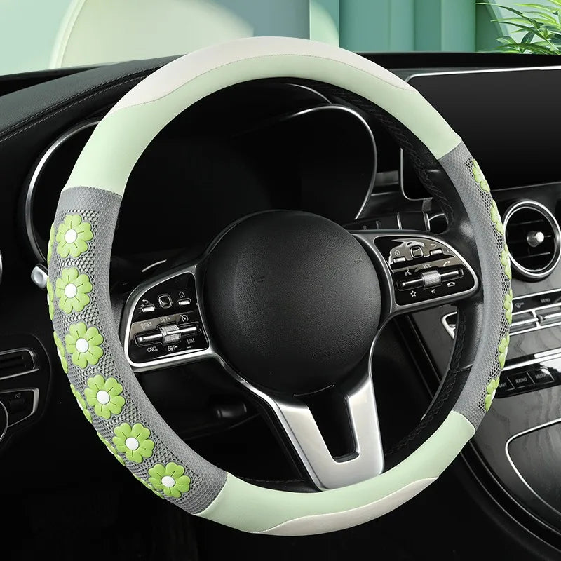 Cute Flower Design Car Steering Wheel Cover for Women - Universal Non-Slip Handle Cover - Nappa Leather & Silicone Car Accessories - Delicate Leather  