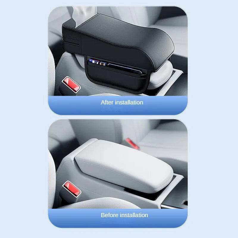 Car Armrest Height Pad with Tissue Holder – Universal Center Console Armrest Cushion - Delicate Leather  