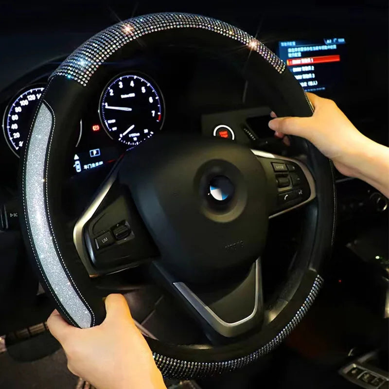Diamond Style Steering Wheel Cover – Glitter Finish Split Leather Anti-Slip Grip Universal Interior Accessory - Delicate Leather  
