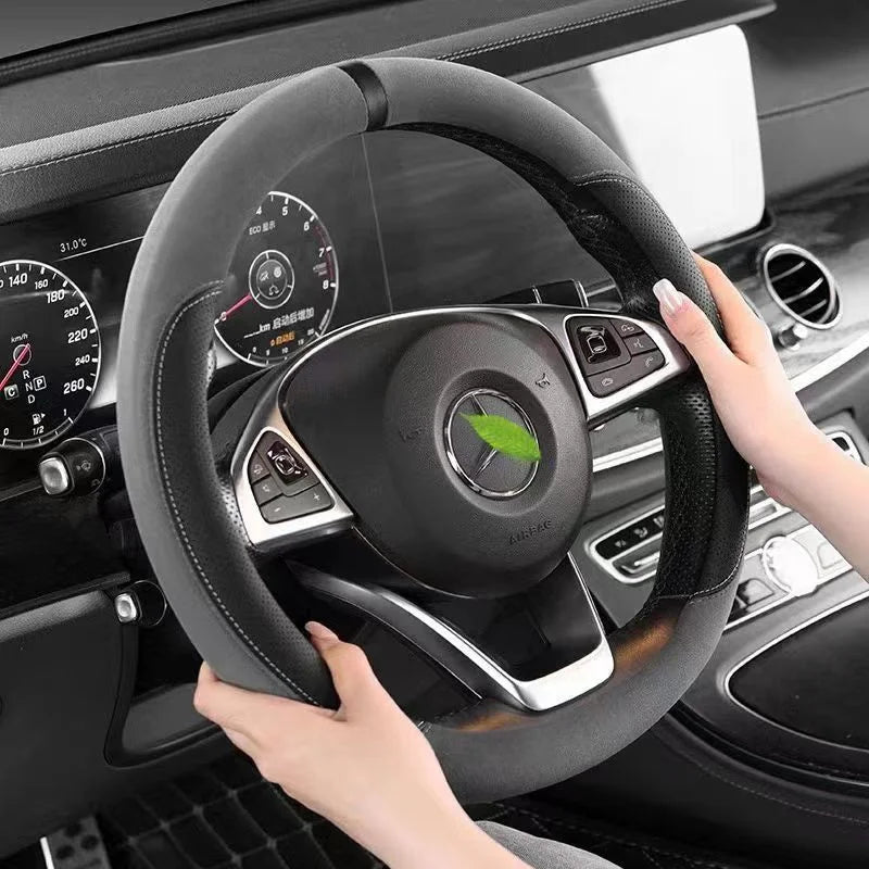 Universal Suede Steering Wheel Cover – Ultra-Thin Non-Slip D-Shape & Round Fit, Breathable All-Season Leather Protector 37–38cm - Delicate Leather  