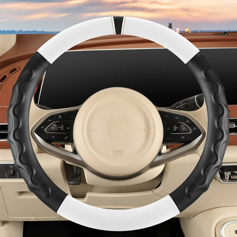 Universal 38cm Steering Wheel Cover – All-Season Non-Slip Faux Leather with 3D Corrugated Grip, Wear-Resistant Car Handle Cover - Delicate Leather  