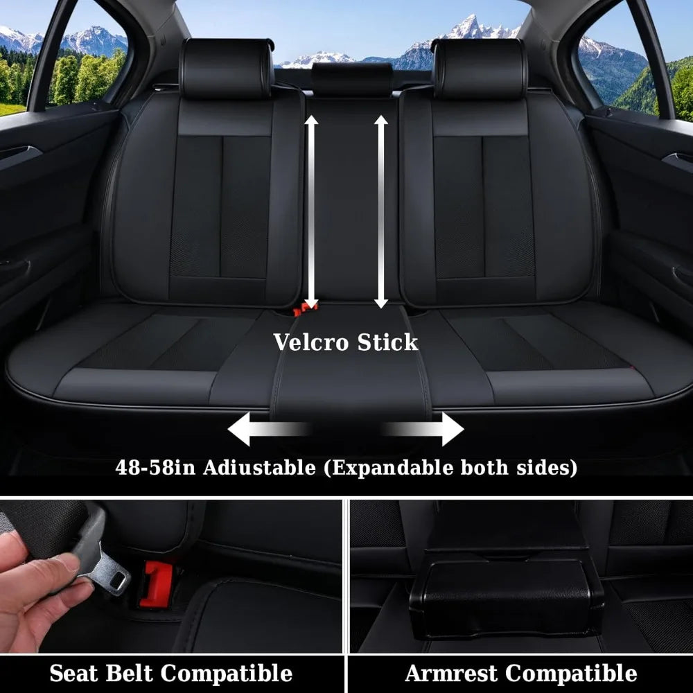 Seat Covers Full Set – Breathable Fabric & Leather, Waterproof, Universal Fit (Black/Red) - Delicate Leather  