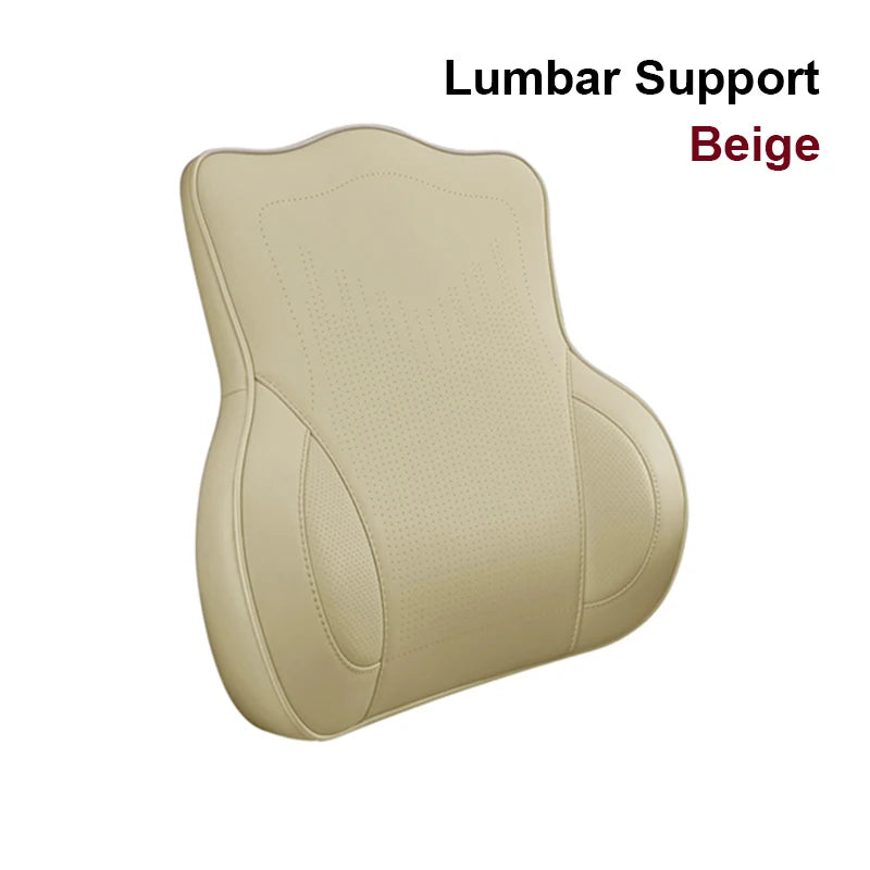Memory Foam Car Neck Pillow & Lumbar Support Set – Breathable Seat Comfort Cushion - Delicate Leather  