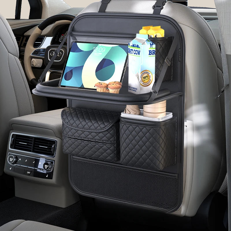 Car Seat Back Storage Organizer with Foldable Table – PU Leather Backseat Hanging Organizer with Phone & Tissue Holder - Delicate Leather  