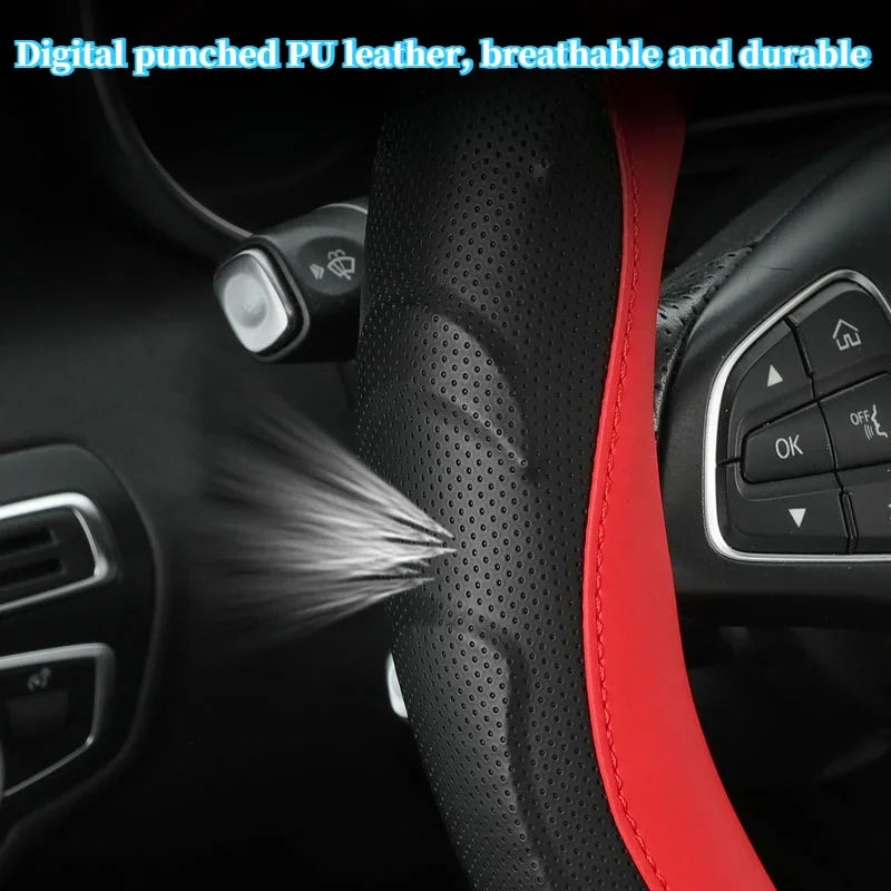 Perforated PU Leather Steering Wheel Cover with Carbon Fiber Texture – Non-Slip & Breathable, Universal Fit for 14.5–15 Inch Wheels - Delicate Leather  