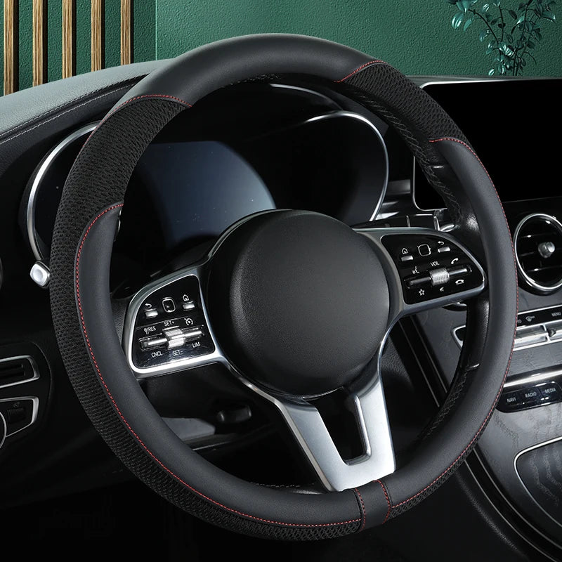 Premium Leather Car Steering Wheel Cover – Breathable Mesh, Universal Fit 14.5–15 Inch - Delicate Leather  