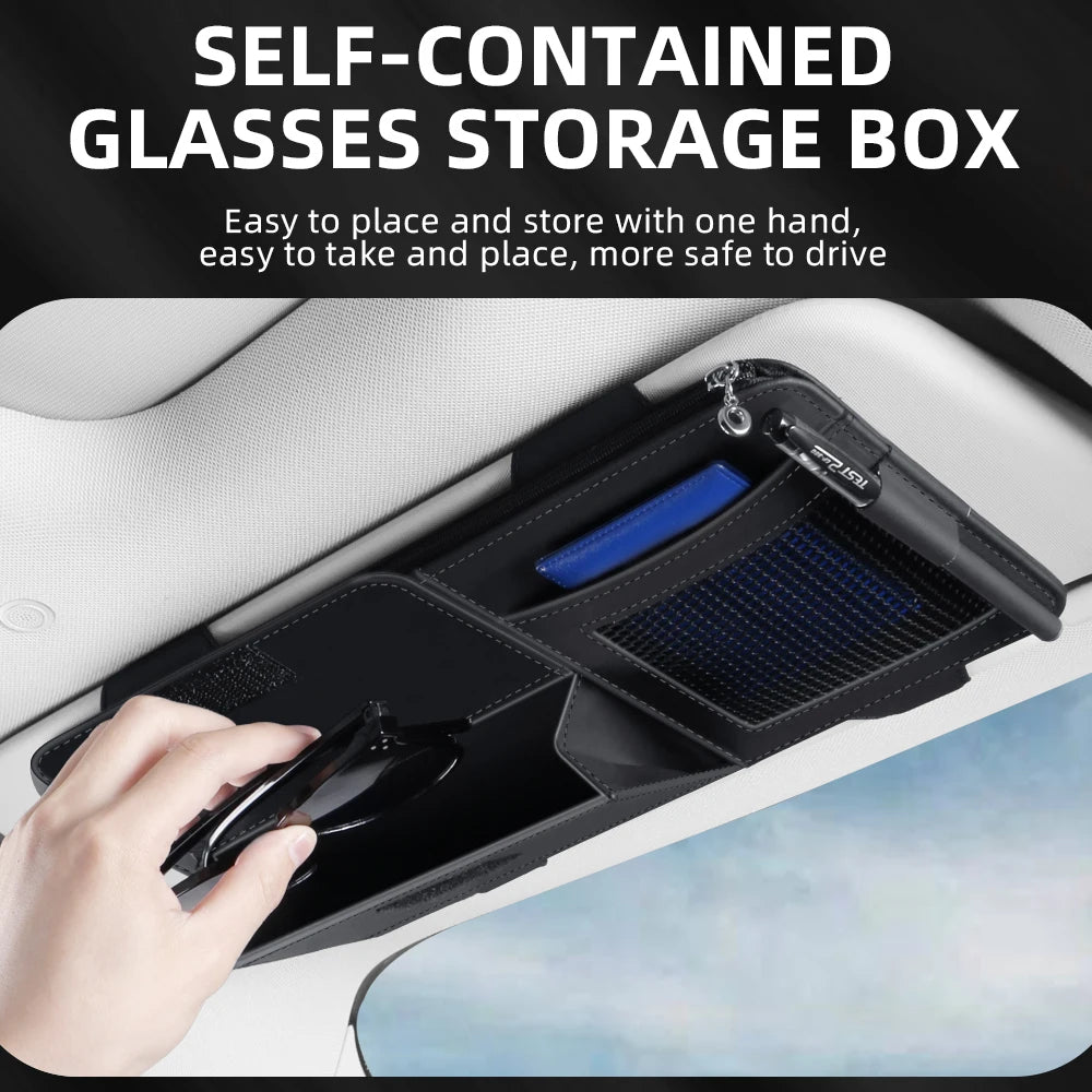 Car Sun Visor Organizer – PU Leather Storage with Glasses Holder, Card & Pen Slots - Delicate Leather  