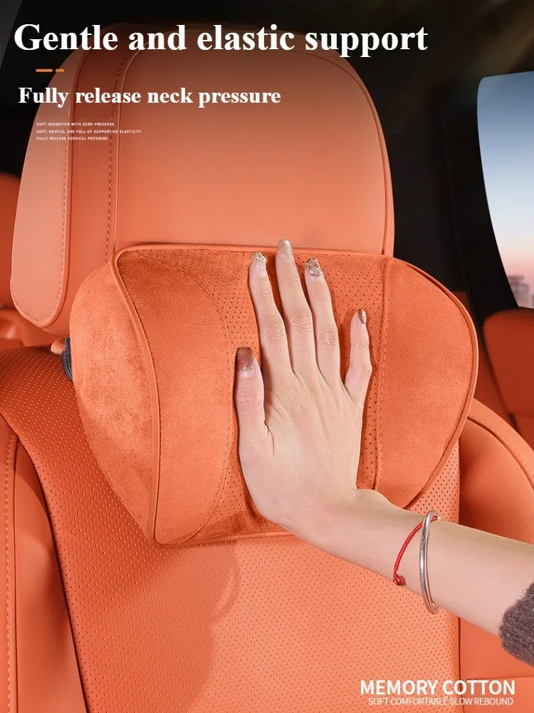 Memory Foam Car Headrest & Waist Pillow - Suede Leather Lumbar Support Seat Accessories - Neck Pillows & Back Cushion - Delicate Leather  