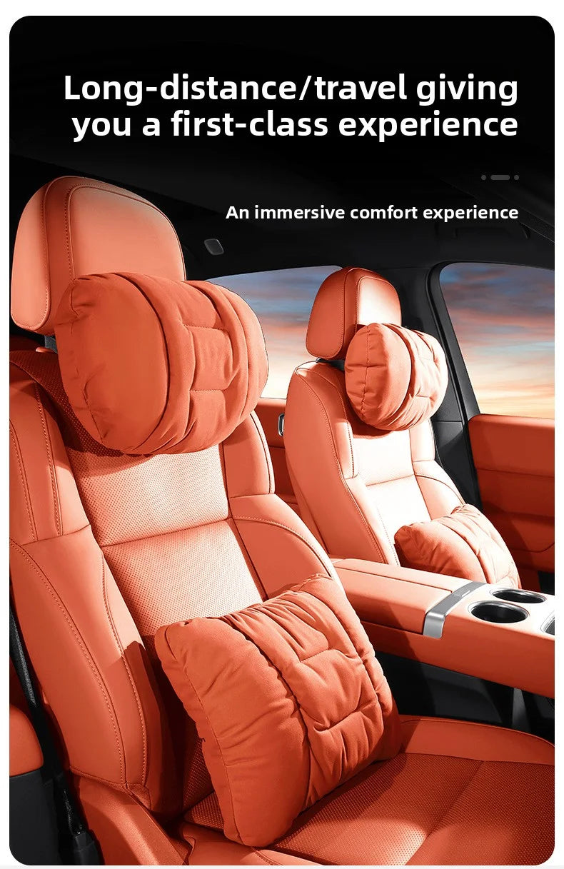 Suede Leather Car Headrest & Lumbar Support Pillow Set – Comfortable Neck and Back Cushions - Delicate Leather  