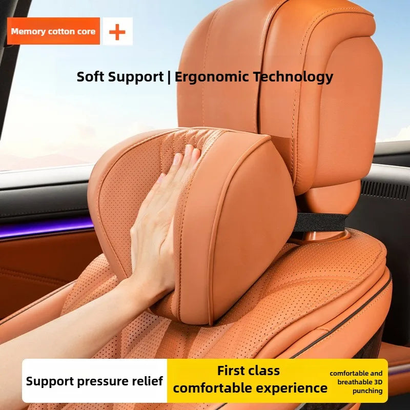 Soft Memory Foam Car Neck & Lumbar Pillow Set – Leather Headrest for Comfortable Driving - Delicate Leather  