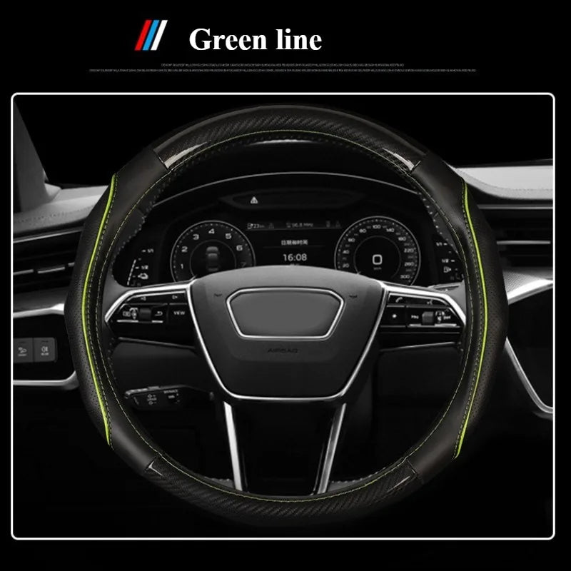 Carbon Fiber & Nappa Leather Steering Wheel Cover – Universal 37–38cm, Non-Slip Silicone Grip, 3D Textured Design, Breathable & Durable - Delicate Leather  