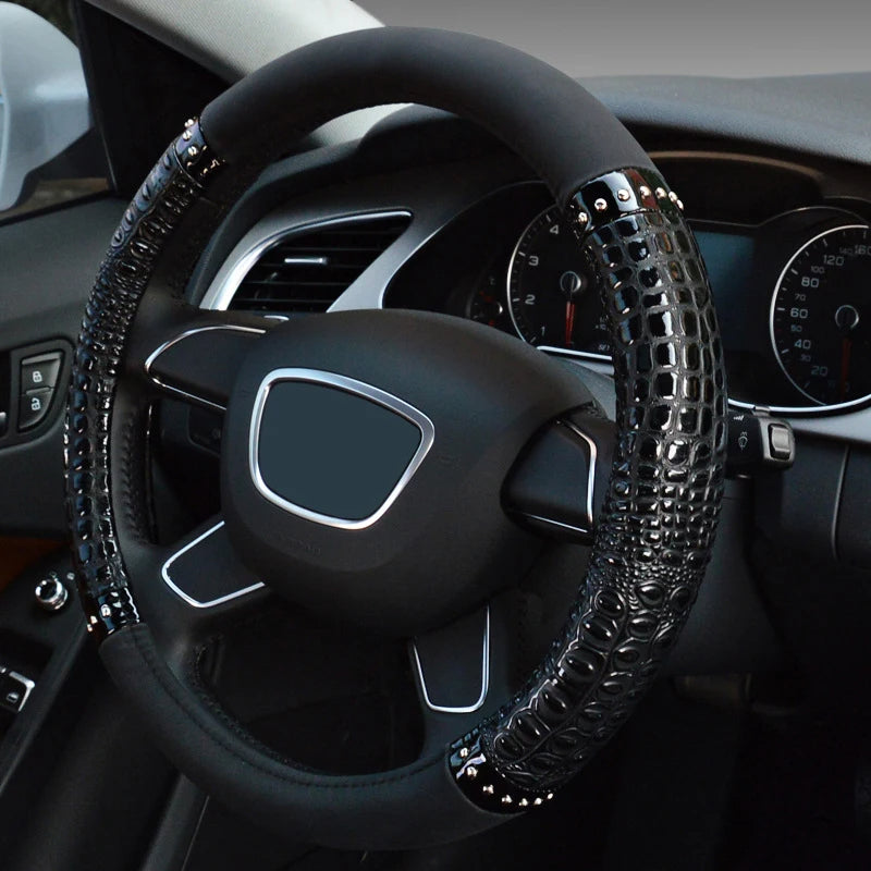 Crocodile Grain Leather Universal Car Steering Wheel Cover – Four Seasons Anti-Slip Sport Handle Case - Delicate Leather  