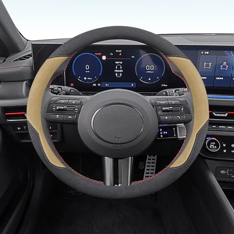 Suede Leather Steering Wheel Cover 38cm – Universal Anti-Slip Grip Car Interior Accessory - Delicate Leather  