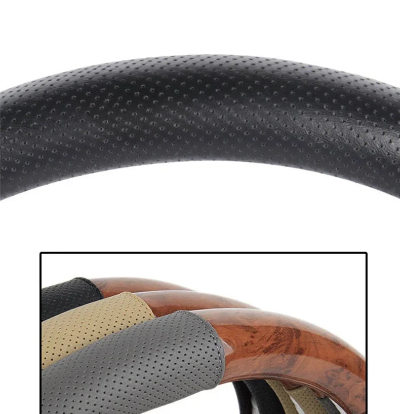 Wood Grain Steering Wheel Cover – PU Leather Anti-Slip Breathable 38cm Universal Fit - Delicate Leather  