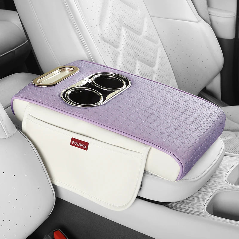 Weaving Leather Car Armrest Organizer – Center Console Cover with Cup Holders - Delicate Leather  