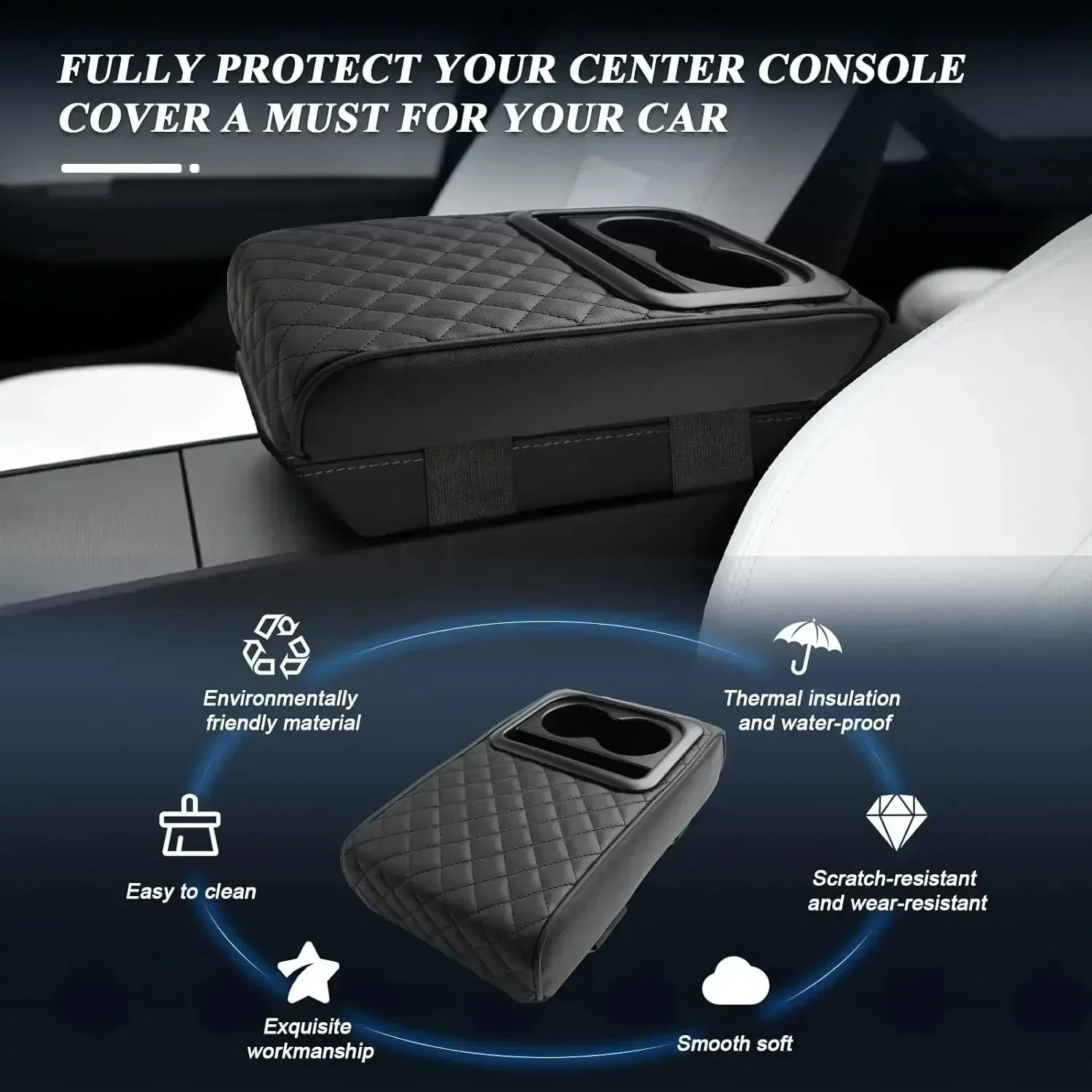 Car Center Console Armrest Cushion with Dual Cup Holders – PU Leather Armrest Height Pad - Delicate Leather  