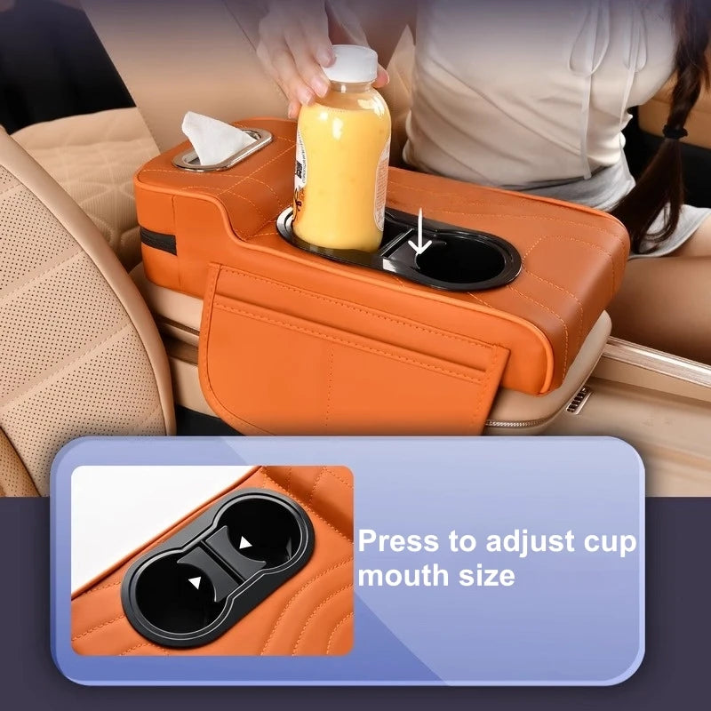 5-in-1 Car Armrest Organizer – Faux Leather Center Console Storage with Cup Holder, Tissue Box & Multi Pockets - Delicate Leather  