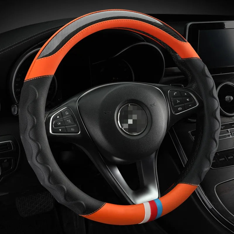 Carbon Fiber Leather Steering Wheel Cover 38 cm – Universal Non-Slip Car Steering Wheel Wrap, 3D Honeycomb Grip, Breathable & Durable - Delicate Leather  
