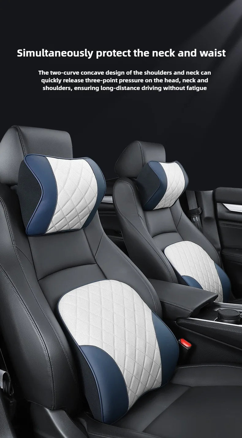 Nappa Leather Car Headrest & Lumbar Support Set – Memory Foam Neck and Waist Cushion - Delicate Leather  