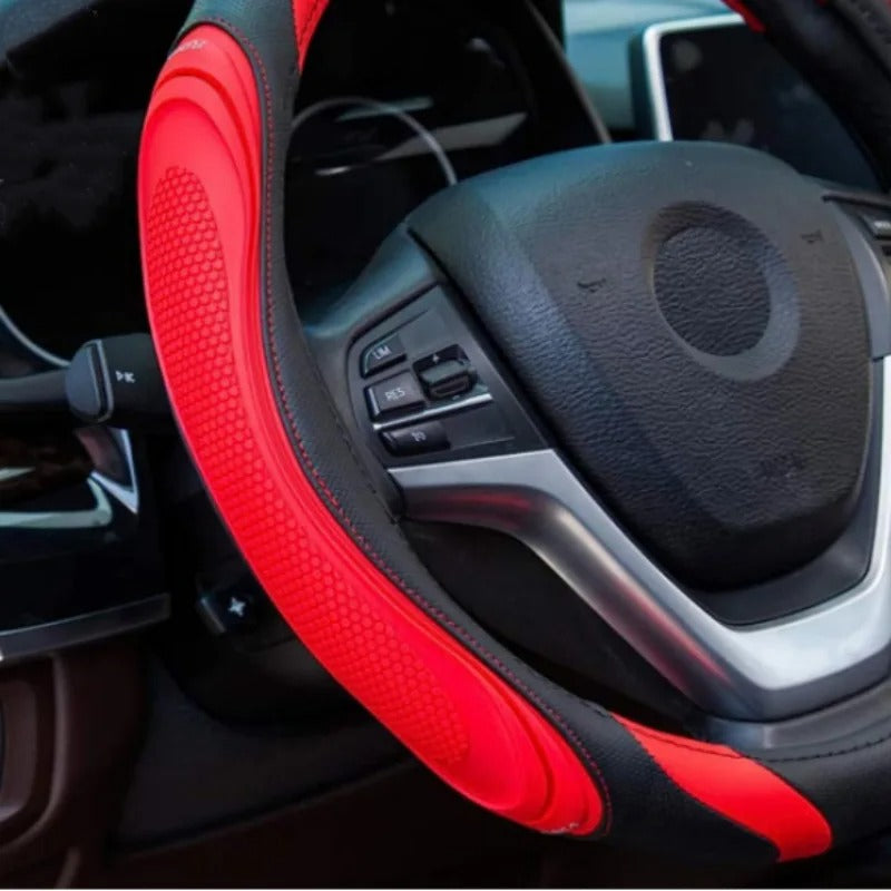Fashion Splicing Leather Steering Wheel Cover – Universal Concave & Convex Anti-Slip Grip - Delicate Leather