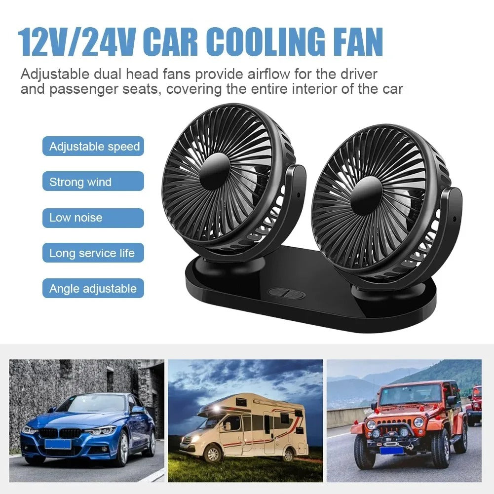 5V/12V/24V Dual Head USB Car Fan – 3-Speed Adjustable Cooling Fan for Car, Truck, Home or Office Use - Delicate Leather  