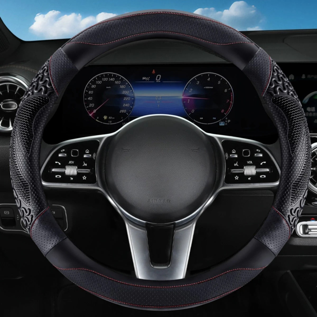 PU Leather Steering Wheel Cover – All-Season Perforated Design with Heat-Embossed Pattern (14.5–15 Inch Fit) - Delicate Leather  