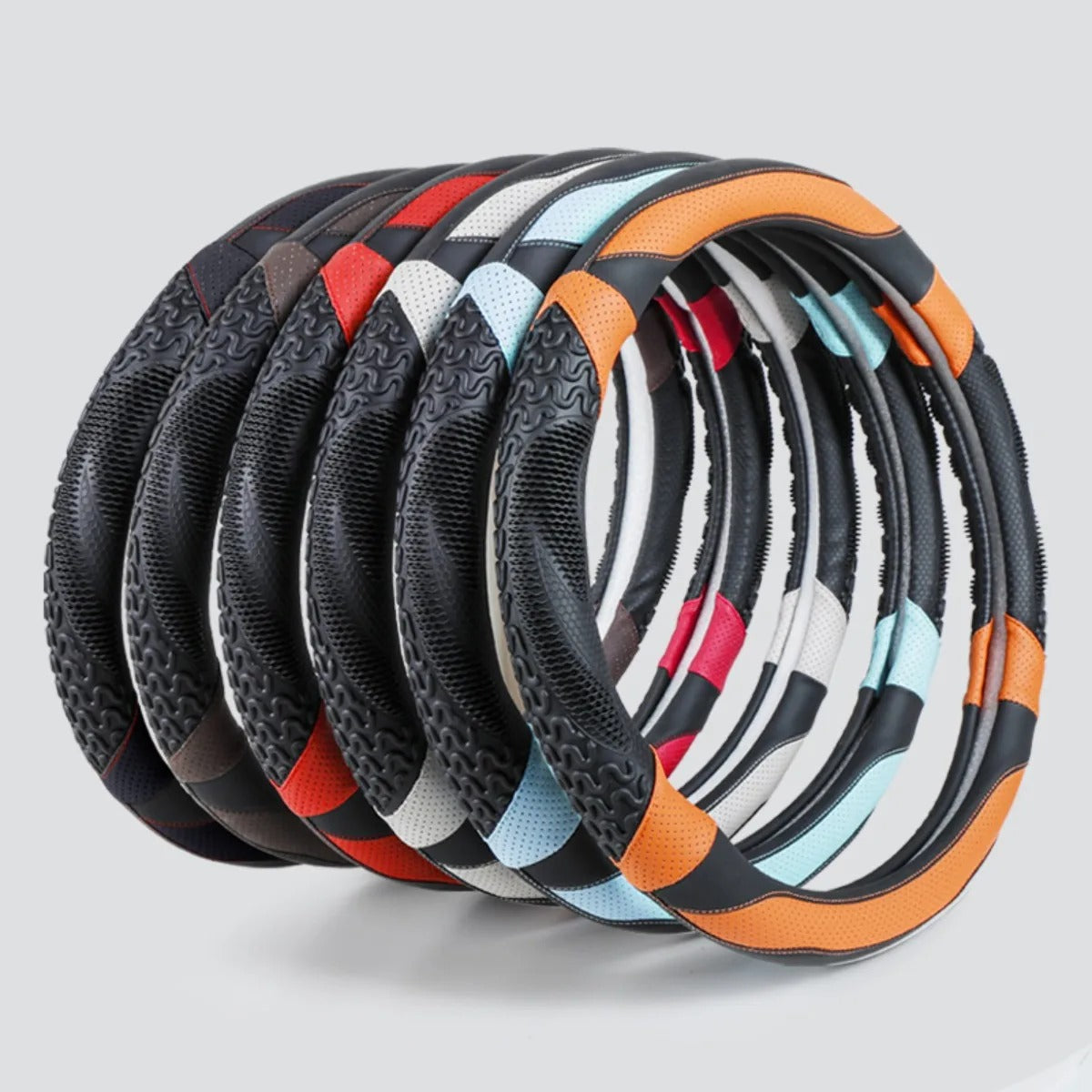 PU Leather Steering Wheel Cover – All-Season Perforated Design with Heat-Embossed Pattern (14.5–15 Inch Fit) - Delicate Leather  