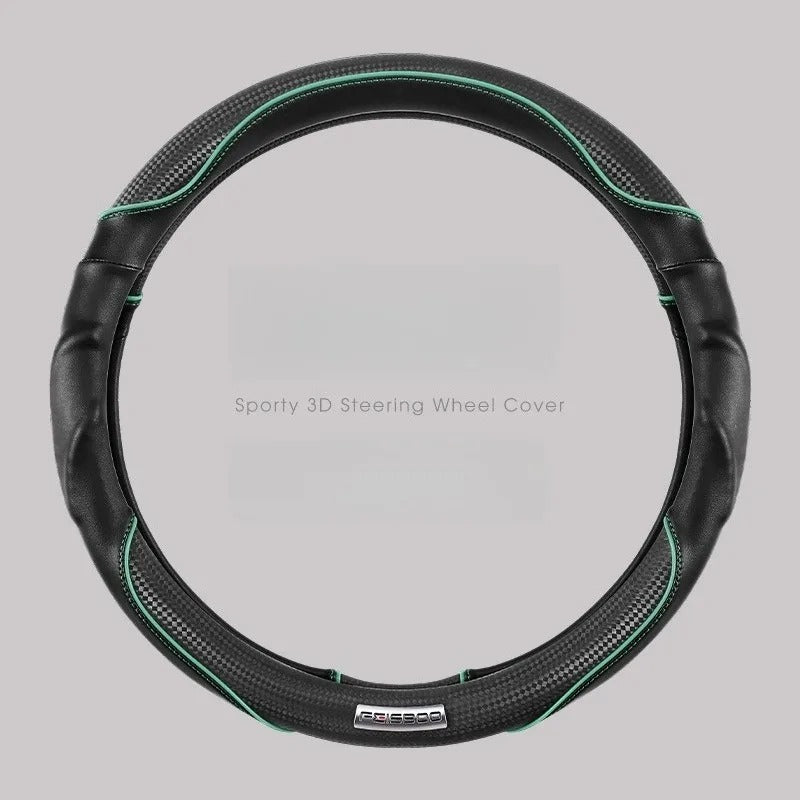 Nappa Leather Steering Wheel Cover with Carbon Fiber Pattern – Universal Fit 38cm, Non-Slip, All-Season Design - Delicate Leather  