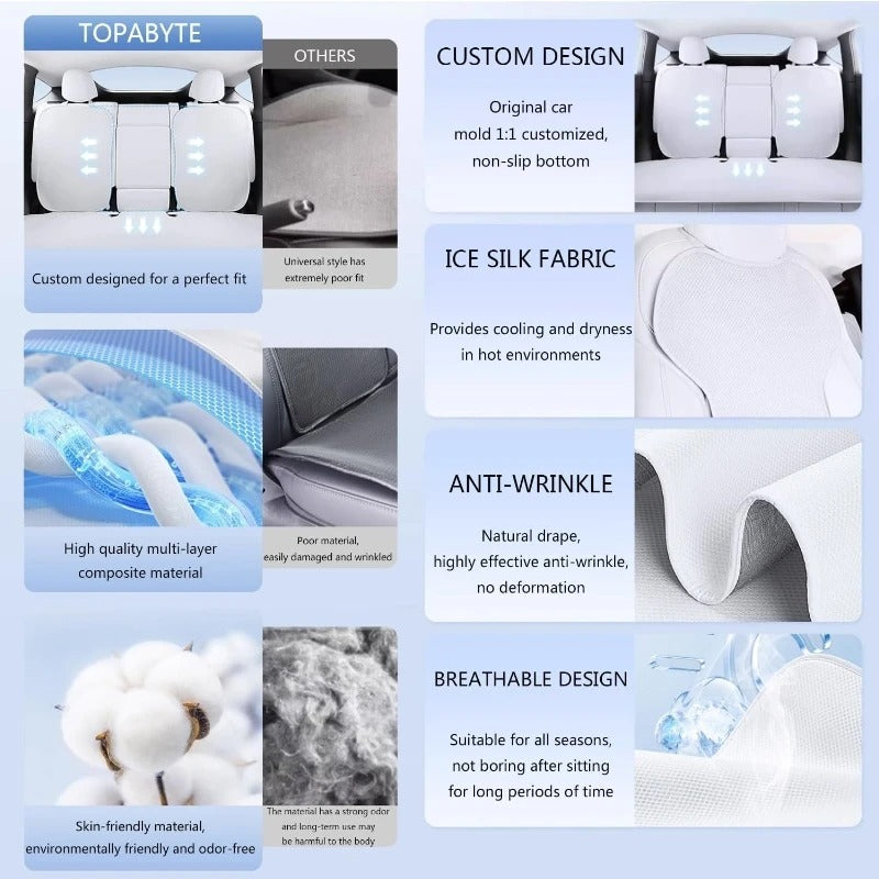 Ice Silk Car Seat Cushion Cover – Breathable Full Seat Protector Set - Delicate Leather  