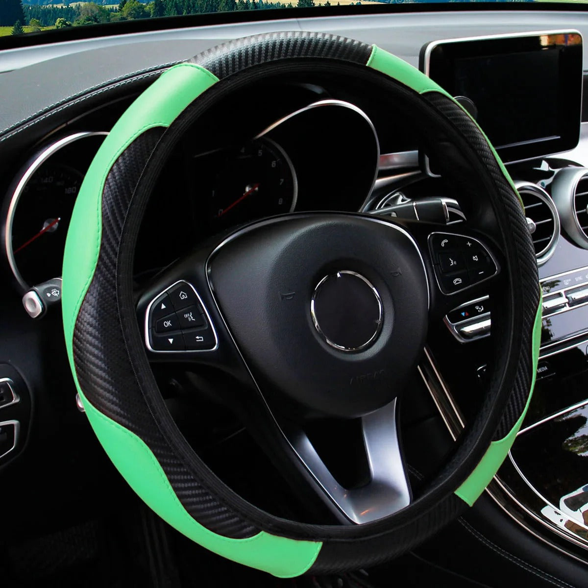 PU Carbon Fiber Steering Wheel Cover – Fits 14.5 to 15 Inch Wheels - Delicate Leather  