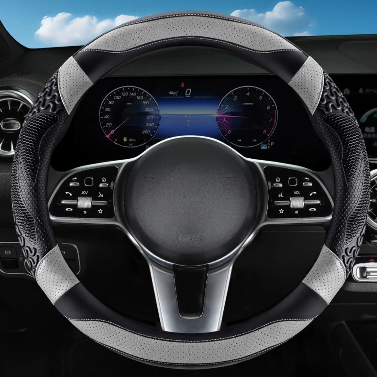 PU Leather Steering Wheel Cover – All-Season Perforated Design with Heat-Embossed Pattern (14.5–15 Inch Fit) - Delicate Leather  