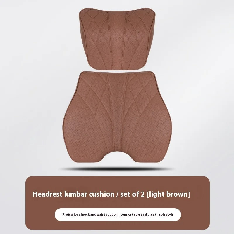 Nappa Leather Car Seat Cushion Set – Universal Fit with Headrest & Lumbar Support Pillows - Delicate Leather  