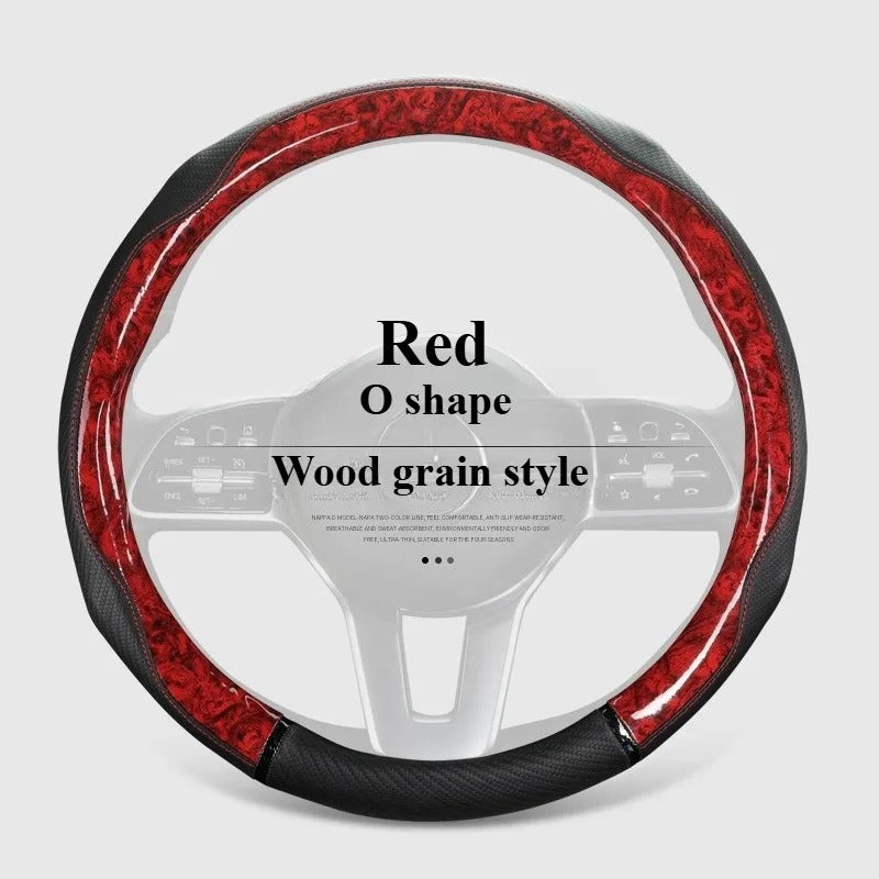 Wood Grain Leather Steering Wheel Cover – Universal 38CM Anti-Slip O/D Shape Grip - Delicate Leather