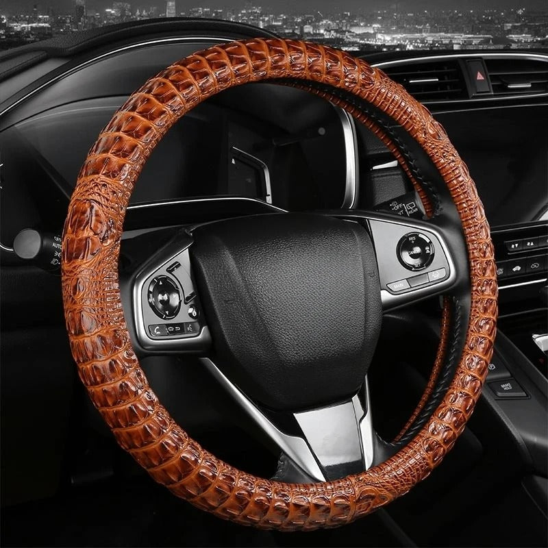 Crocodile-Texture Leather Steering Wheel Cover – Anti-Slip, Universal 14.5–15 Inch (37–38cm)