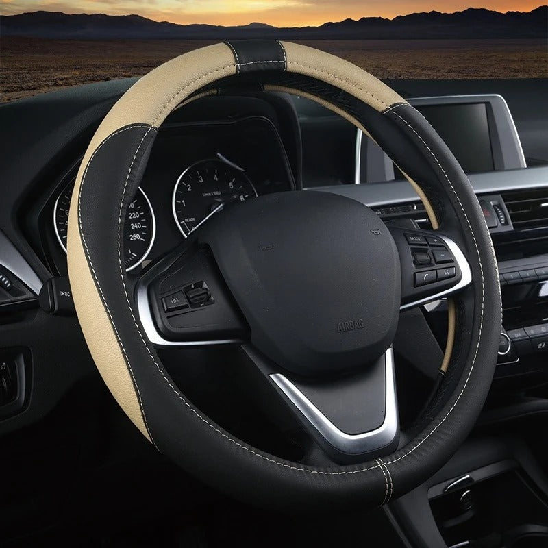 38CM Universal Faux Leather Steering Wheel Cover – Non-Slip Car Interior Handle Protector, All-Season Steering Wheel Wrap - Delicate Leather