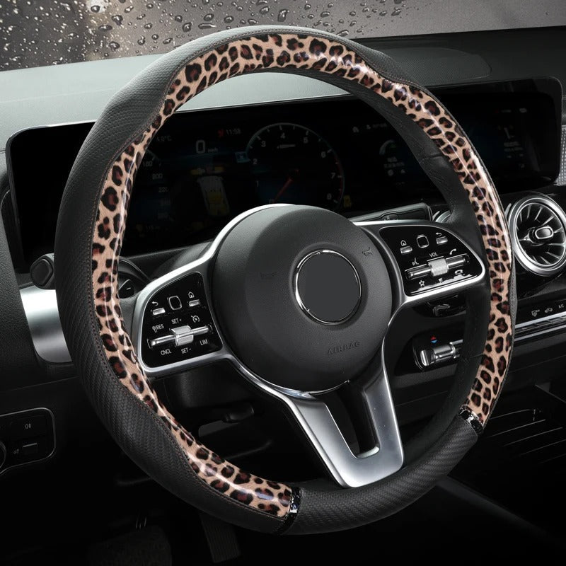 Universal 38CM Steering Wheel Cover – Anti-Slip PU Leather with Leopard Print Design - Delicate Leather  