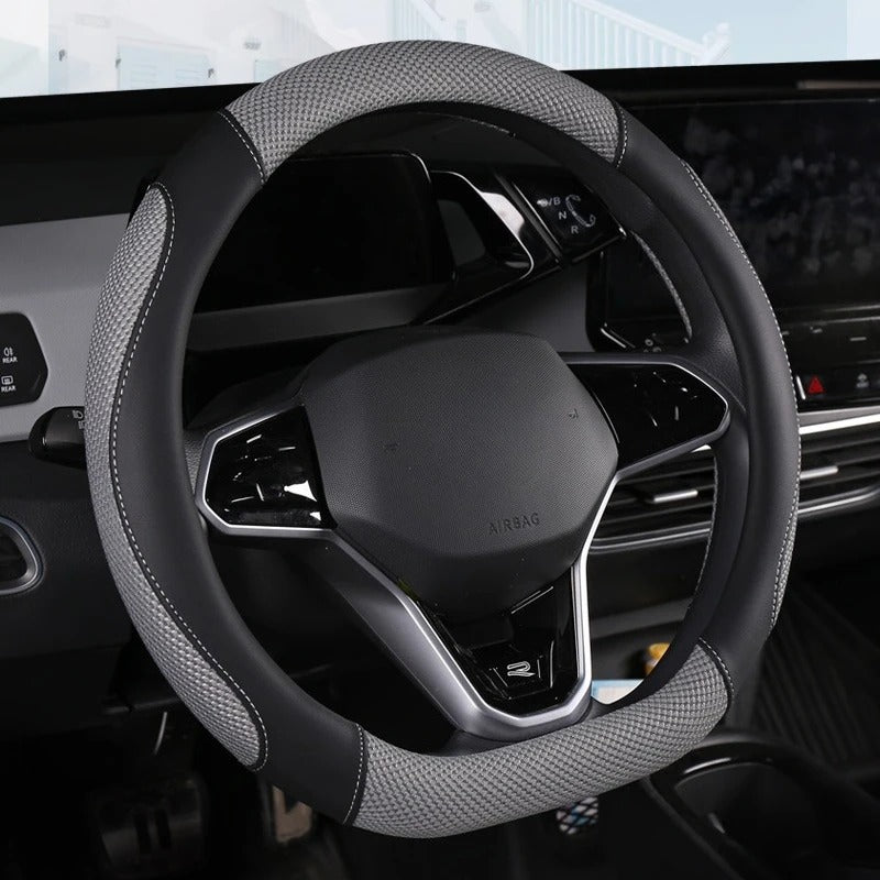 D-Shape Ice Silk & Leather Steering Wheel Cover – Universal 14.5–15 Inch Anti-Slip Grip - Delicate Leather