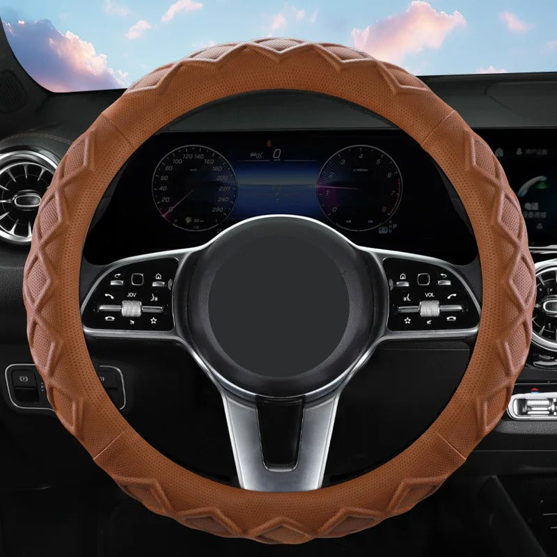 Rhombus Pattern PU Leather Steering Wheel Cover – O-Type Minimalist Non-Slip Grip - Delicate Leather