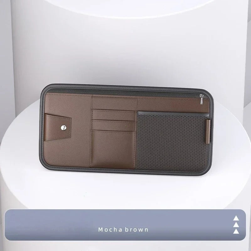 PU Leather Car Sun Visor Organizer – Multi-Pocket Storage Bag for Cards & Sunglasses - Delicate Leather  