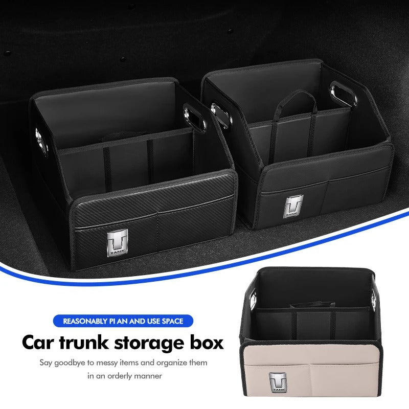 Car Trunk Organizer Box – Foldable PU Leather Storage Bin, Universal Fit - Delicate Leather  