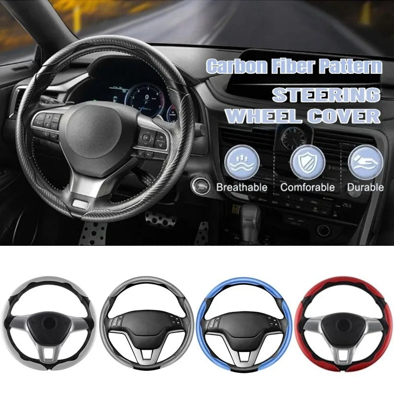 3PCS Carbon Fiber Texture Steering Wheel Cover Set – Anti-Slip Universal 38cm Fit - Delicate Leather  