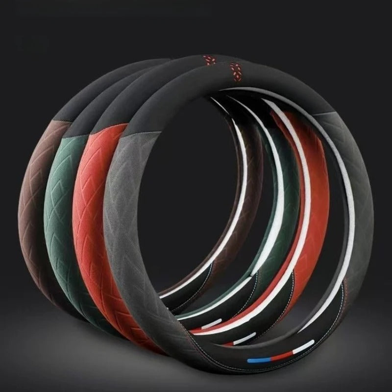 Suede Steering Wheel Cover – Universal 38cm O/D Shape Anti-Slip All-Season Grip - Delicate Leather  