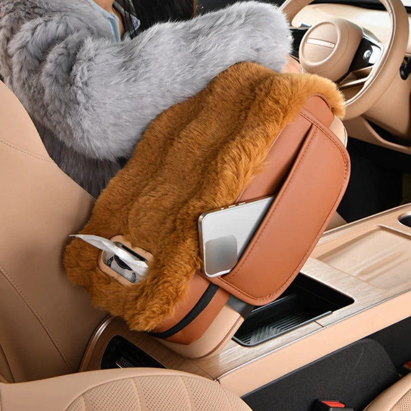 Plush Car Armrest Cushion with Storage Pocket – Universal Center Console Heightening Pad for All Seasons - Delicate Leather  