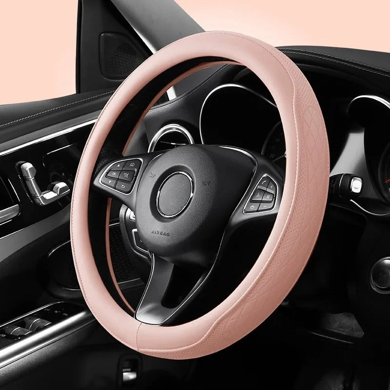 Embossed PU Leather Steering Wheel Cover – Anti-Slip Universal 15-Inch Fit - Delicate Leather  