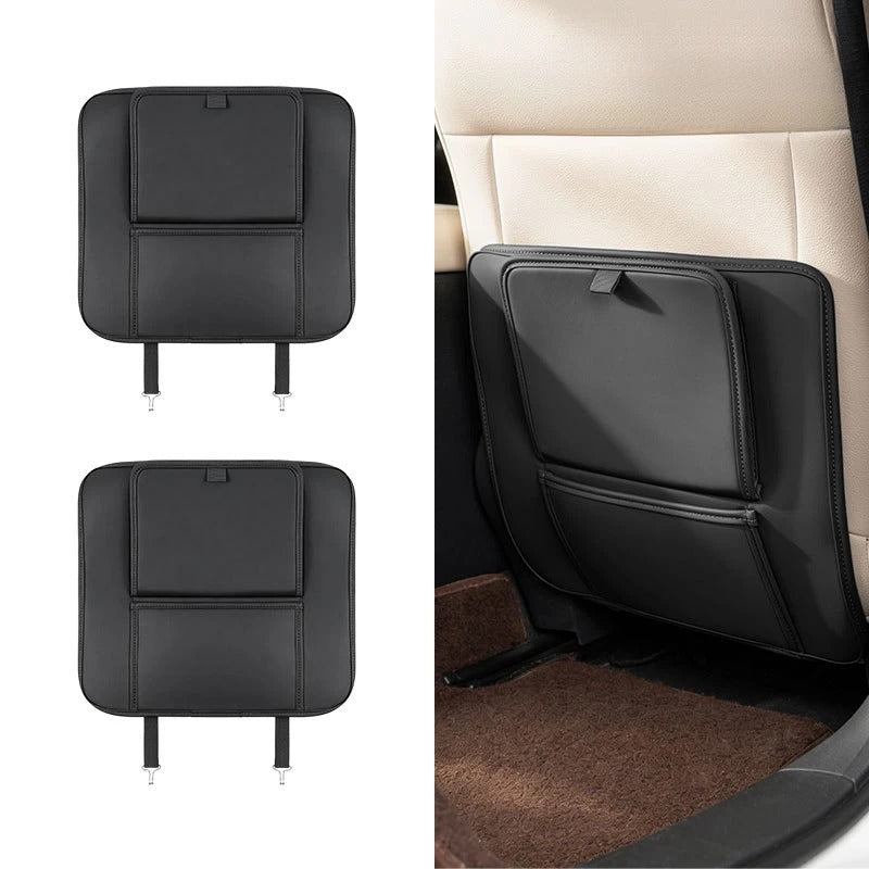 PU Leather Car Seat Back Protector – Anti-Kick Mat with Dual Storage Pockets