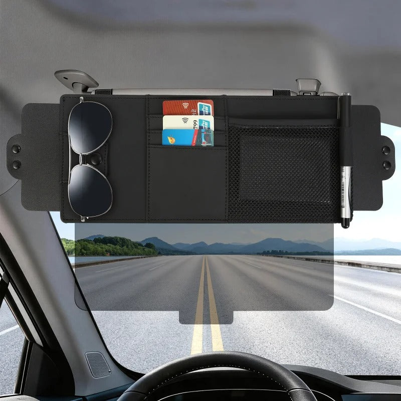 Car Sun Visor Extension – UV Sun Blocker with Storage Organizer & Sunglasses Holder - Delicate Leather