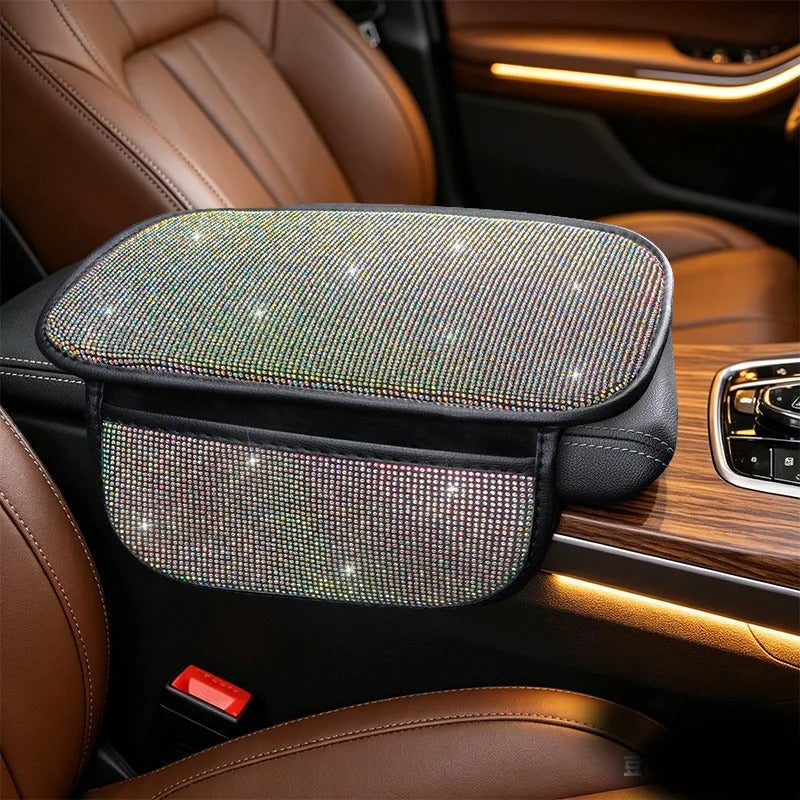 Bling Car Armrest Cushion with Side Phone Pocket – Rhinestone Center Console Cover Pad Universal Auto Interior Accessory - Delicate Leather