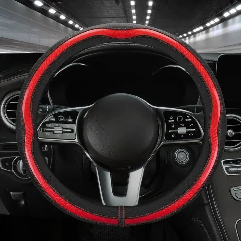 PU Leather and Carbon Fiber Steering Wheel Cover – Non-Slip Grip, Universal Fit 38 cm, All-Season Car Interior Accessory - Delicate Leather  